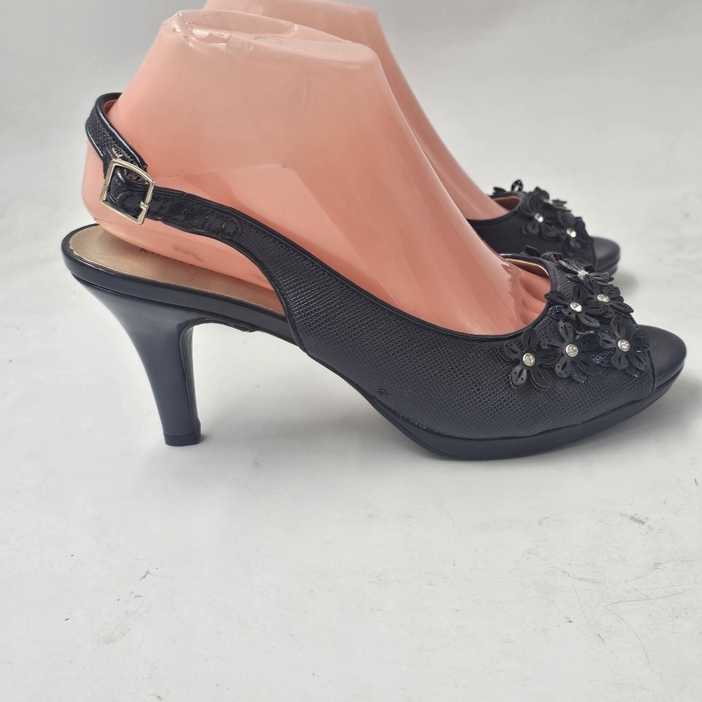 Karen Scott Bronaa Navy Peep Toe Slingback Pumps 8W Wide Floral Heels Dress Chic - Picture 6 of 10